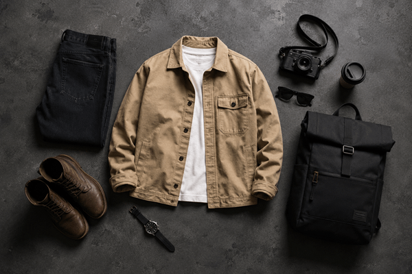 Overhead flat lay of a khaki jacket, white T-shirt, black jeans, brown boots, backpack, camera, sunglasses and watch on a dark textured surface.